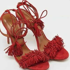 Authentic Aquazzura Wild Thing Red Suede Heels Tassel Sandals Size 37 (US 7).